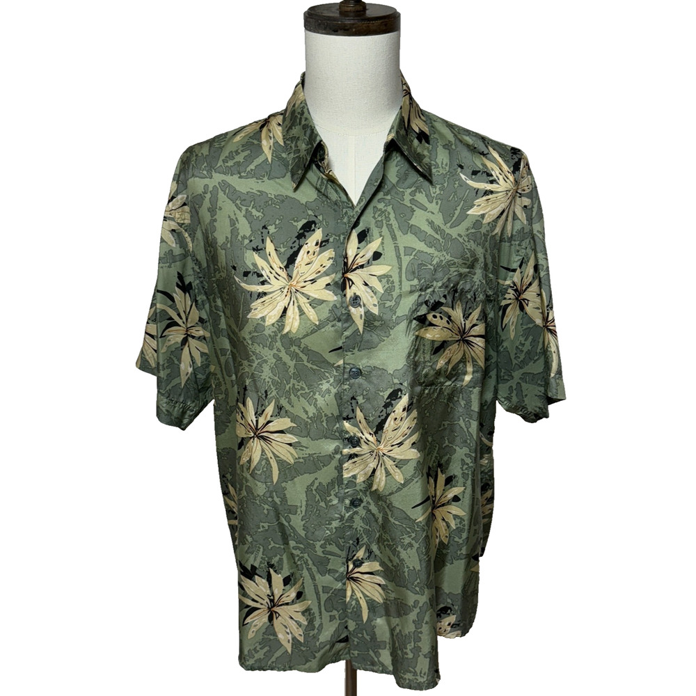Windham Pointe Shirt‎ Mens Large Green Tan Hawaiian Floral Silk Blend Beachy